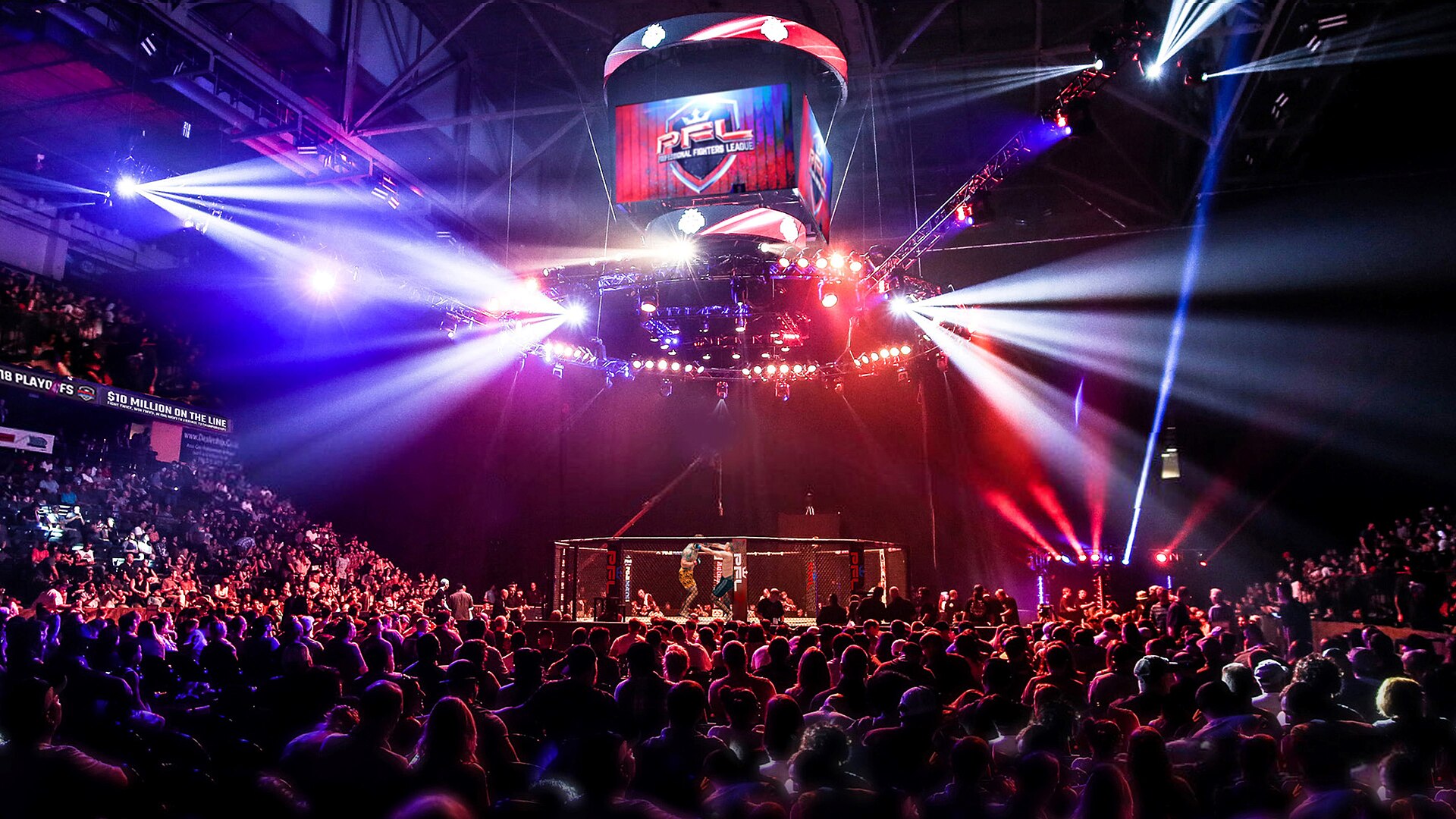 Ilustrasi laga MMA di dalam oktagon yang disorot lampu panggung dramatis dengan penonton memadati arena