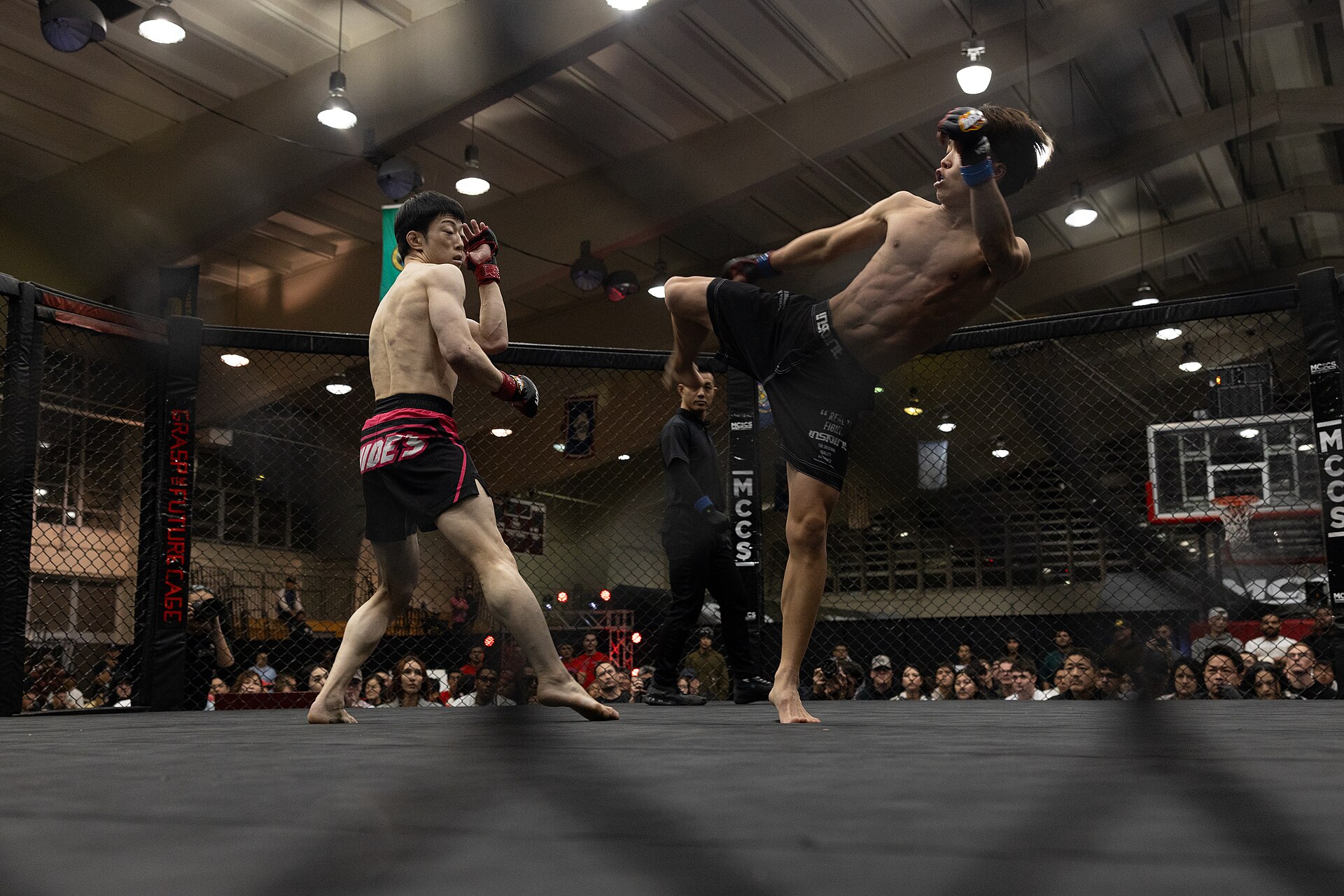 Ilustrasi aksi MMA di dalam kandang: satu petarung kelas terbang melepas tendangan tinggi sementara lawannya menjaga pertahanan, MCCS Okinawa MMA Fight Night 2024