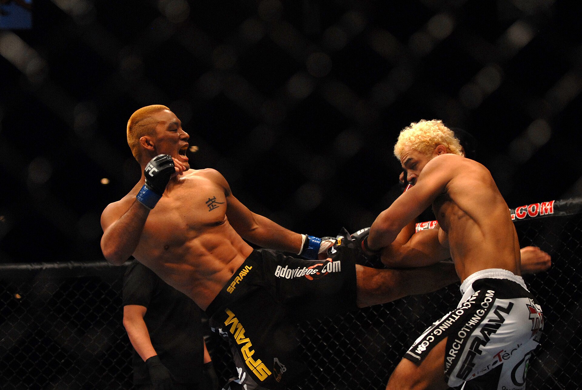 Ilustrasi aksi oktagon UFC: Yoshiyuki Yoshida melepas tendangan ke arah Josh Koscheck pada UFC Fight for the Troops 2008
