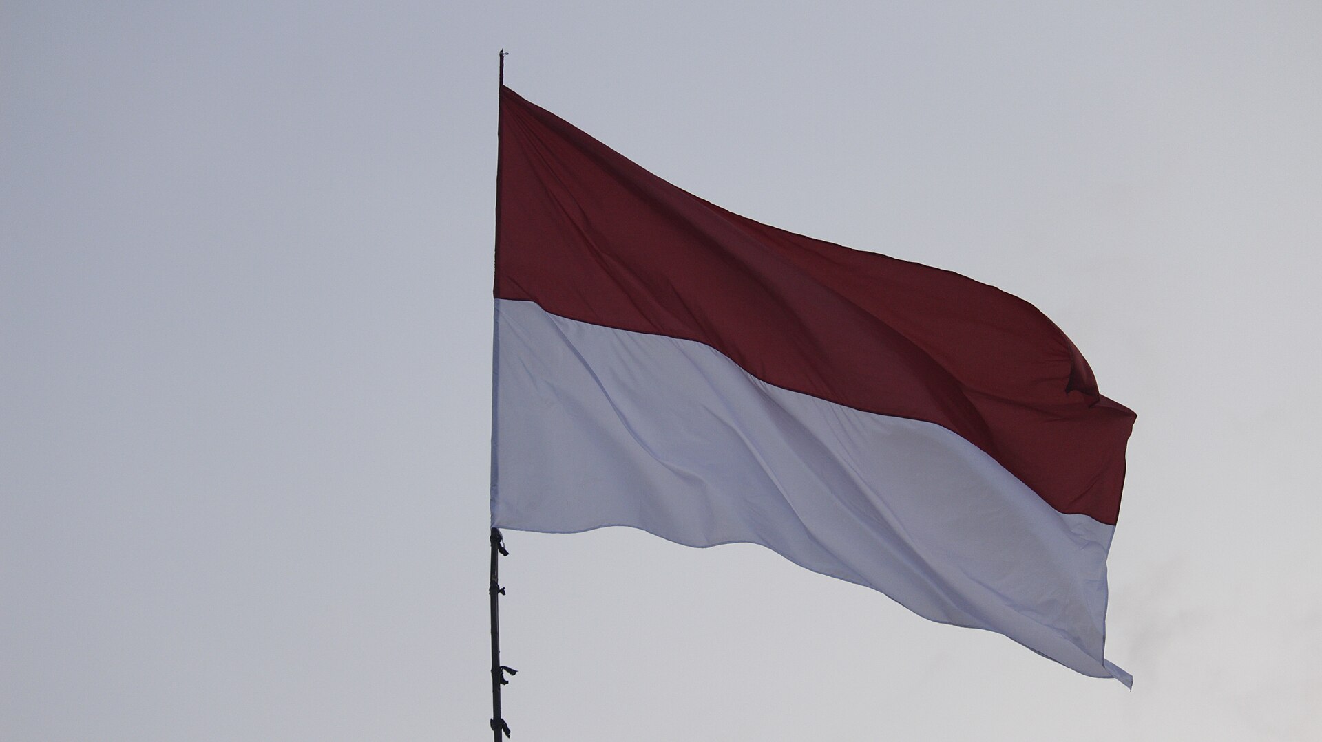 Bendera Merah Putih berkibar di ujung tiang di bawah langit kelabu.